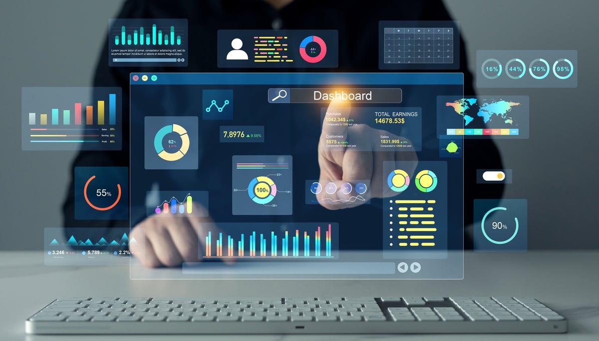 Data System KPI and metrics connected in database for follow earnings, operations and sales data. Businessman using KPI dashboard. Financial business KPI System data analytics graph dashboard
